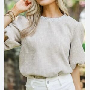Shop the Mint Beige Tweed Pearl Beaded Collar Oversized Puff Sleeve Top Size XL